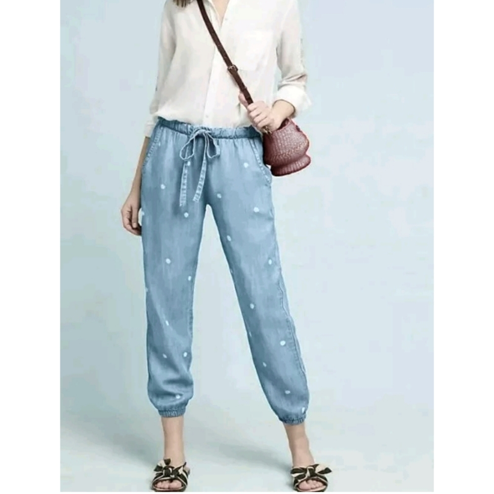 ANTHROPOLOGIE CLOTH & STONE CHAMBRAY POLKA DOTTED JOGGERS